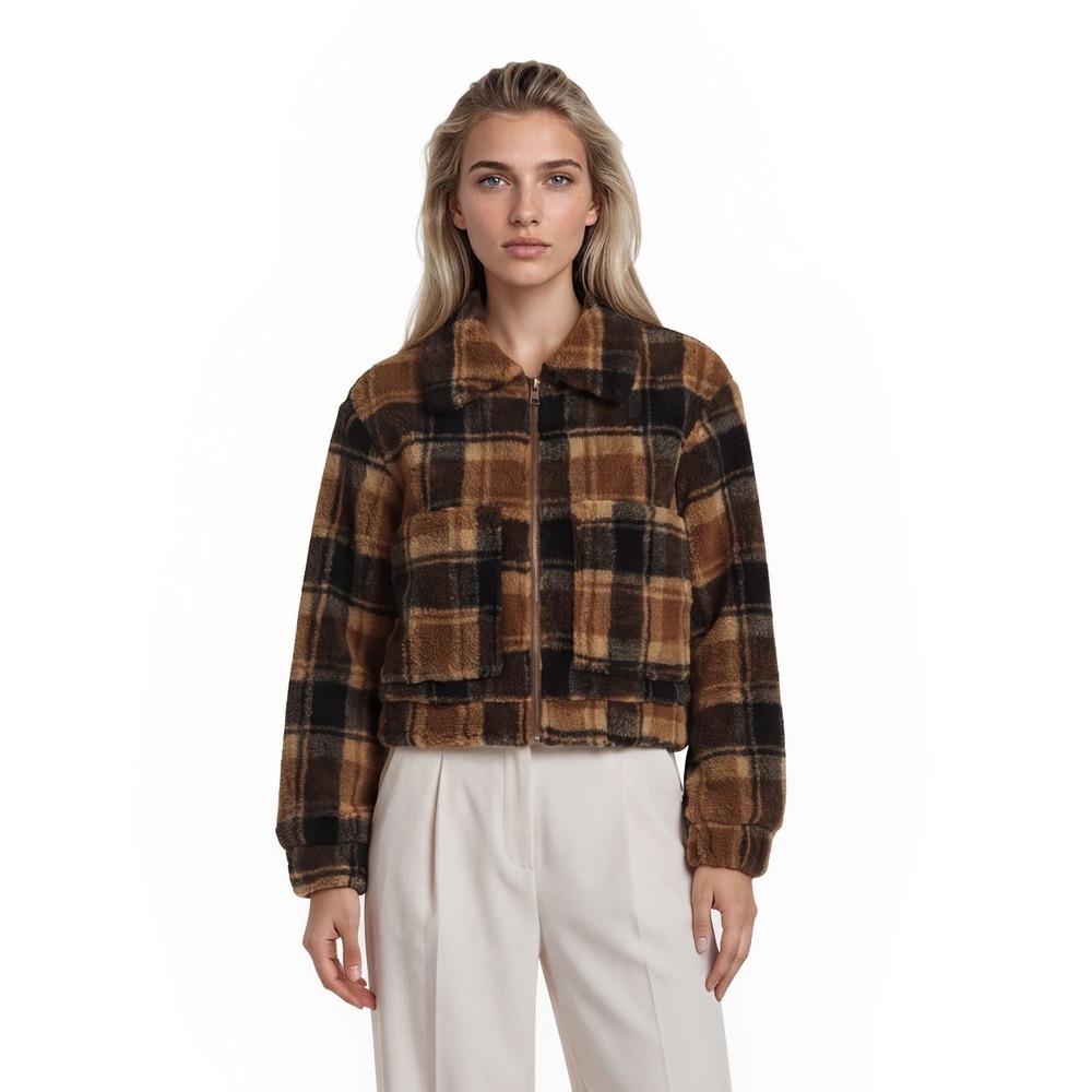Princess Polly Sherpa Jacket Womens Size 4 Brown Plaid Cropped Teddy Autumn Cozy